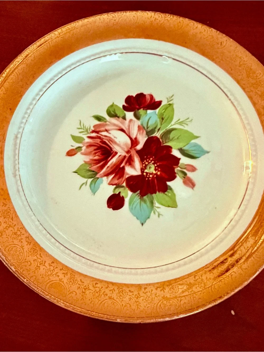 6 Floral Gold Rim Dinner Plate - White with Red Rose Accent
